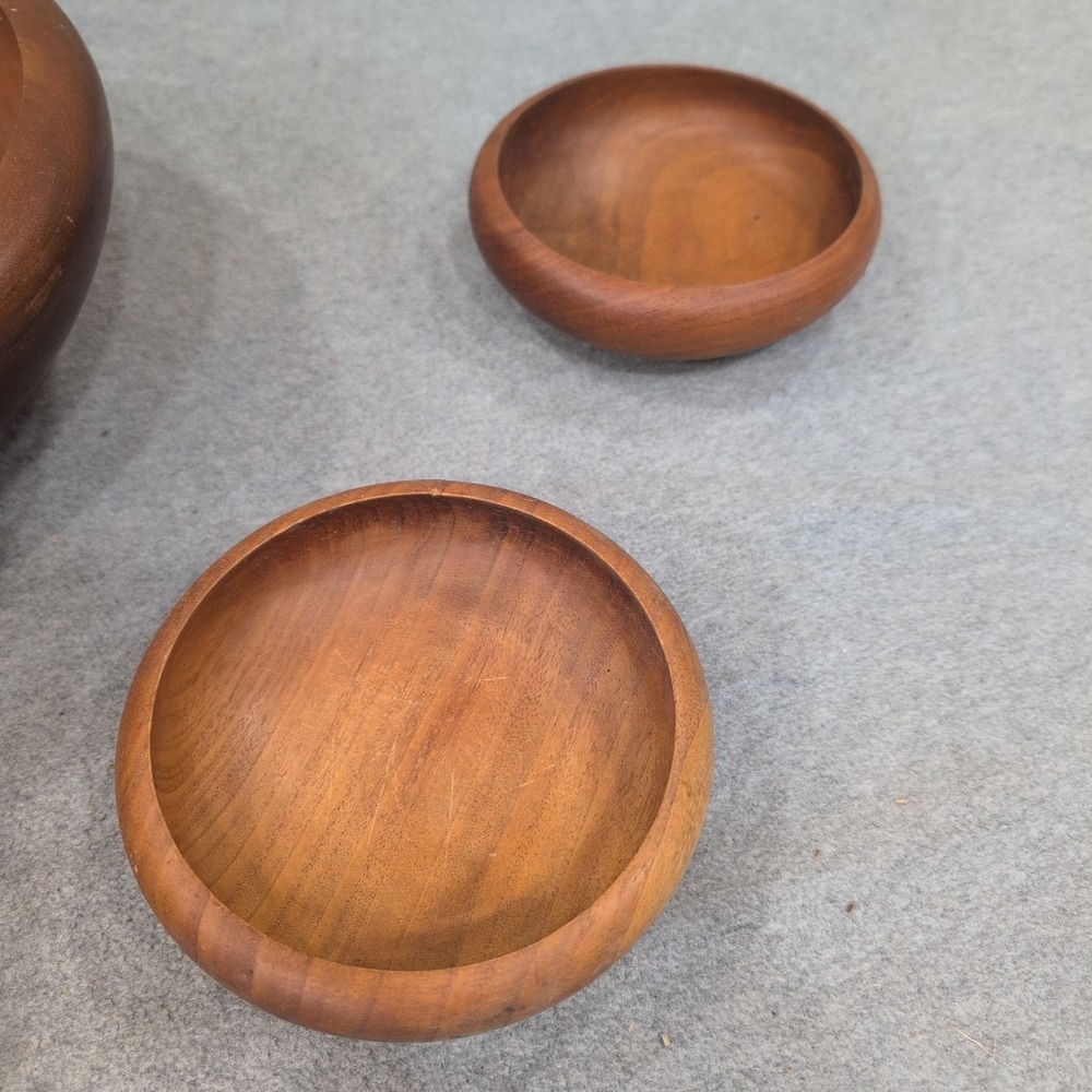 Vintage Mid Century Modern Solid Wood Salad Bowl Set 6 Piece Brown MCM - Picture 5 of 8